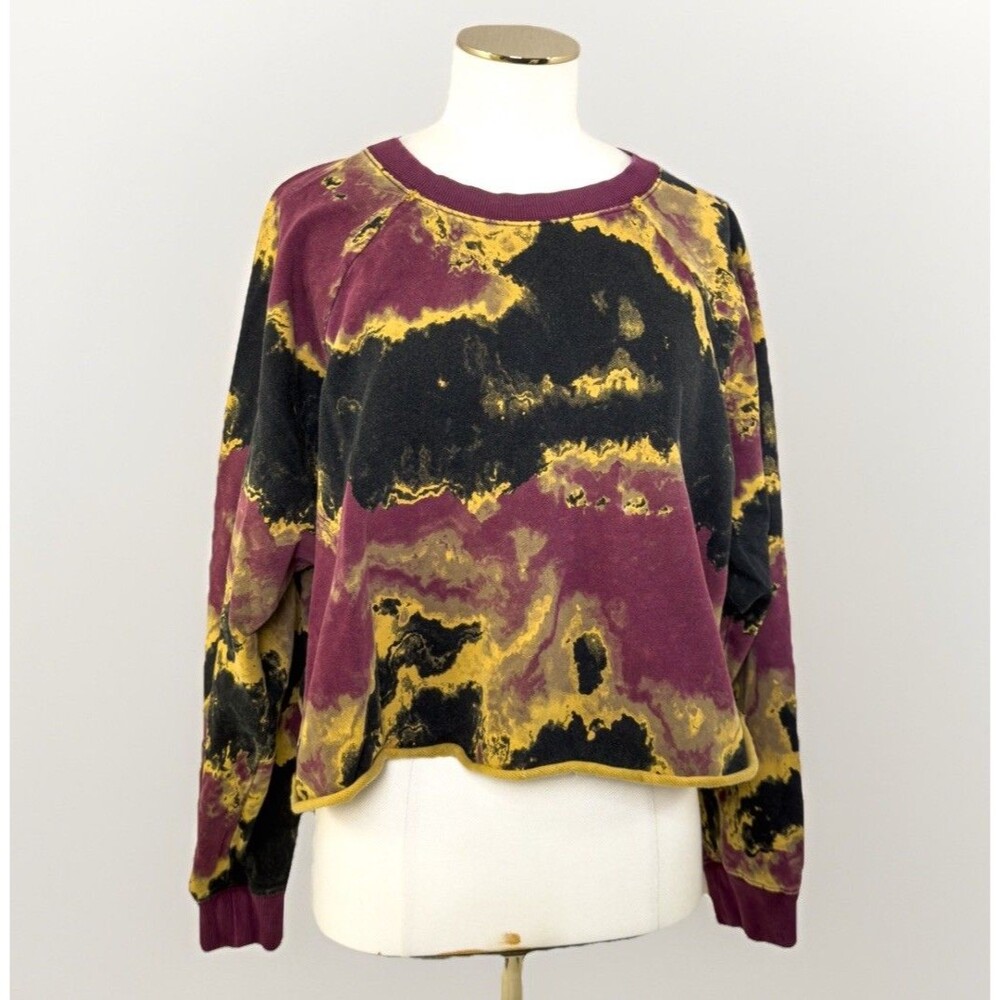 JoyLab Burgundy Yellow Black Acid Mineral Wash Activewear Cropped Sweatshirt XL